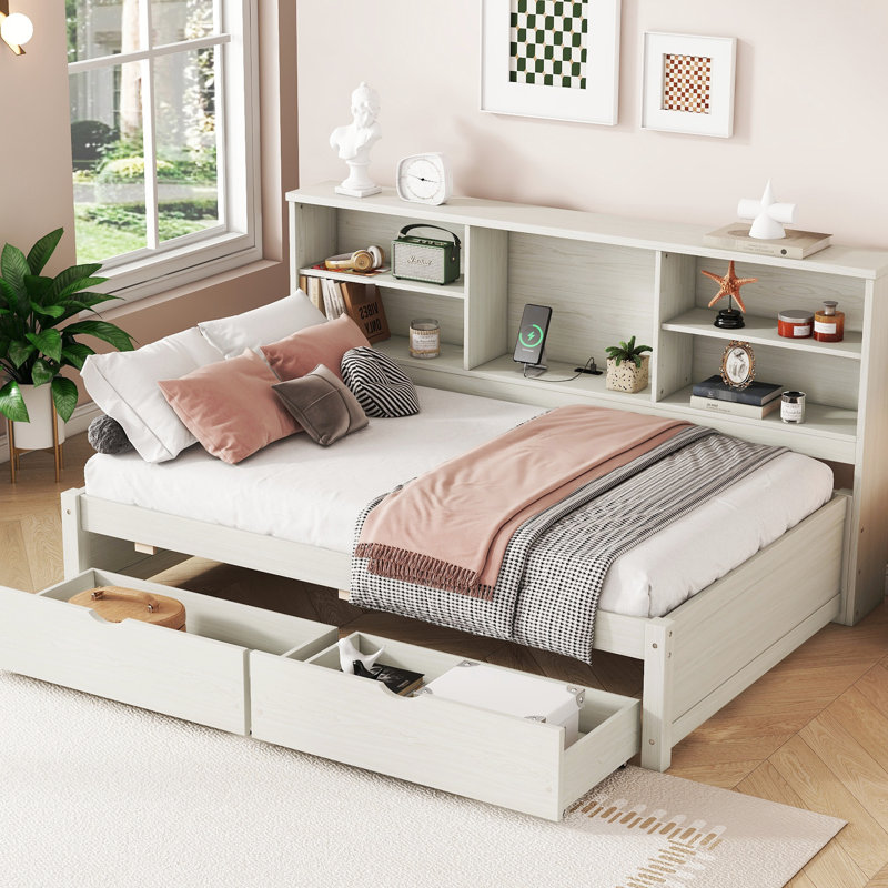 Twin Bed Frame With Side Compartments, Two Drawers And Charging In Creamy White Compartments Drawers, Included, Creamy White