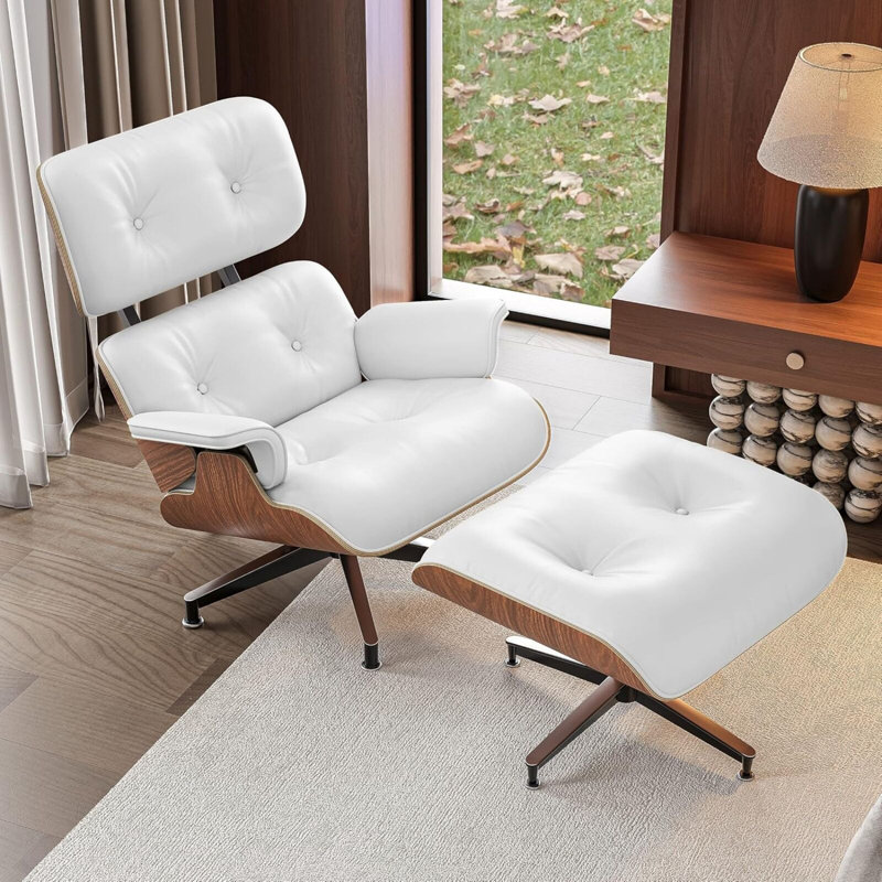 Chaise longue en bois massif, Cuir véritable noyer / blanc