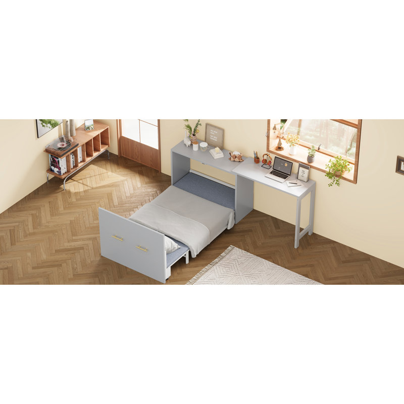Armoire-lit simple gris avec bureau réglable multi-directions et coussin pliable, fonctionnel pour les appartements, petits espaces repositionnables,