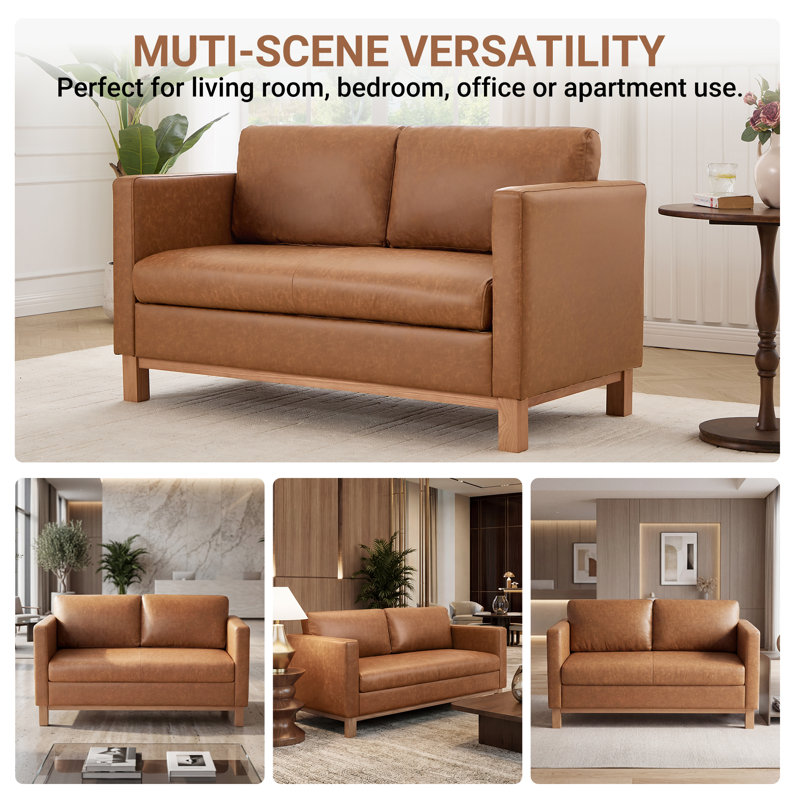 59.8 W Upholstered Modern Farmhouse Square Arm Loveseat, Honey Brown Polyurethane