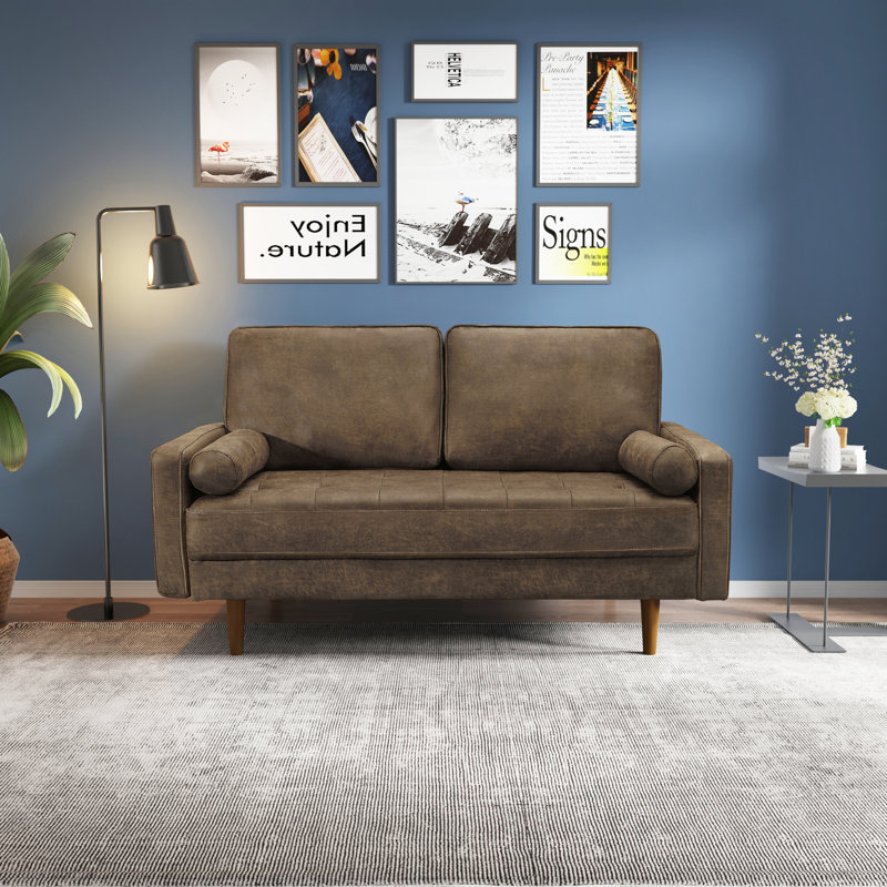 Hartford 58" Faux Leather Square Arms Sofa Loveseat, Dark Brown Microfiber/Microsuede