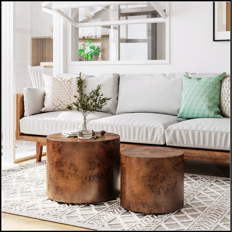 Ensemble de 2 tables basses gigognes, tables d'appoint rondes modernes en bois pour petits espaces et utilisation polyvalente dans le salon, la chambre et le bureau