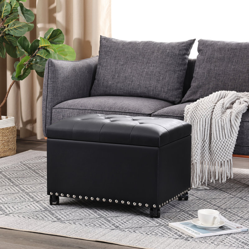  Repose-pieds rectangulaire en similicuir avec roulettes, Noir
