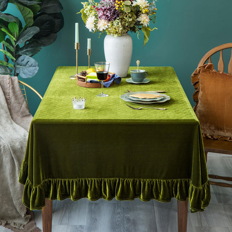 Nappe en velours unie luxueuse, rectangulaire, style rétro champêtre, à volants, lavable, vert olive