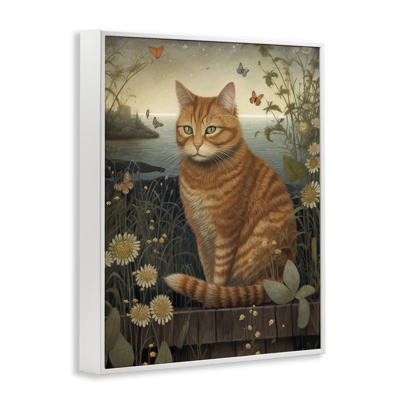 Chat orange près de l'étang par LSR Design Studio, H 14 po x l 11 po x P 1,5 po, Giclée encadrée blanc bord de mer