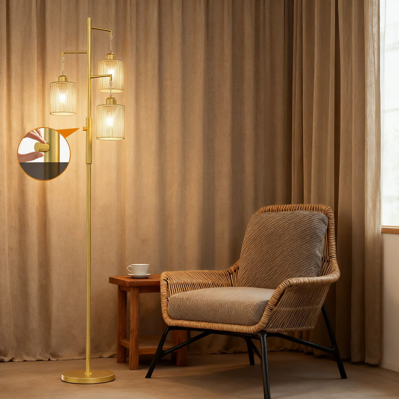 72" Tall Dimmable Floor Lamp With Handcrafted Rattan Shade, Industrial Tree Floor Lamps For Living Room, Bedroom, Office, Includes 3X800lm LED Bulbs