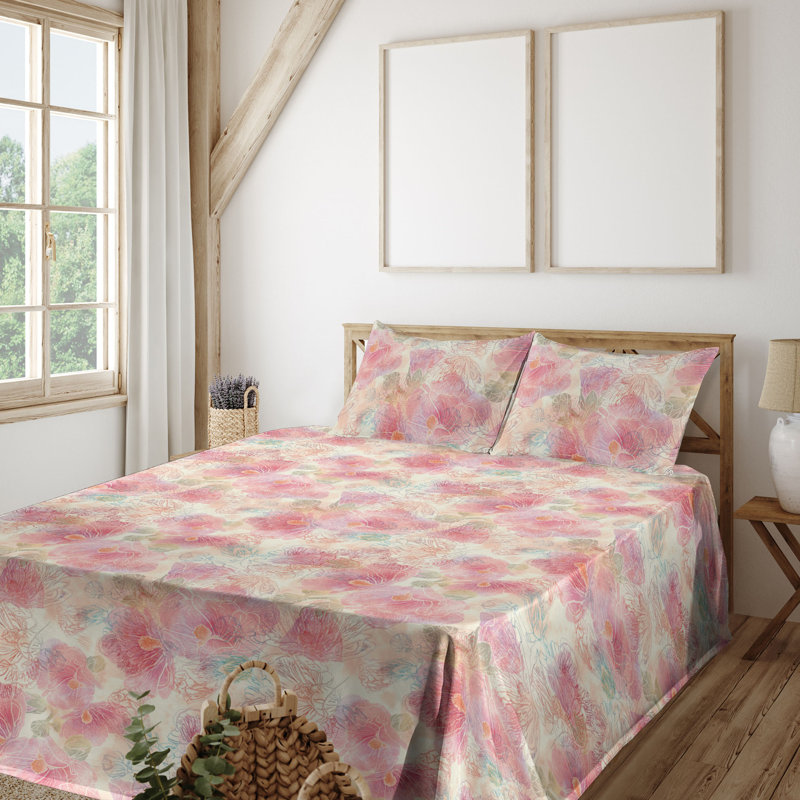 Ambesonne Watercolor Botany Sheet Set 4 Pcs Retro Boho Bloom, California King Sheet Set with 2 Pillowcases