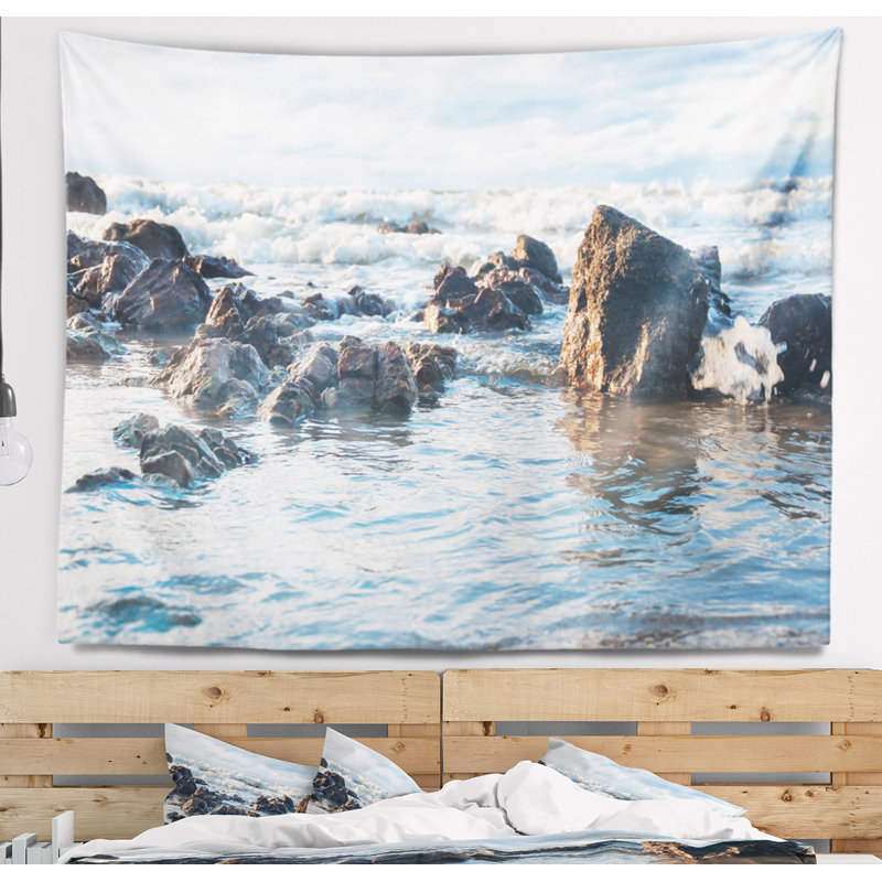 Tapisserie bleu rocky seaside seascape, H 32 po x l 39 po