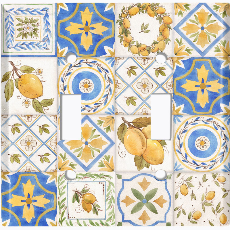 Yellow Lemon Blue Coastal Tile White 2 - Gang Toggle Light Switch Standard Wall Plate