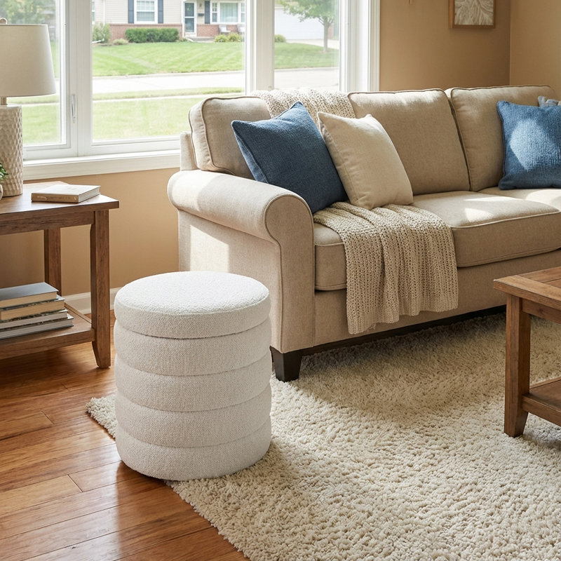 Cylindrical Storage Ottoman, Light Grey