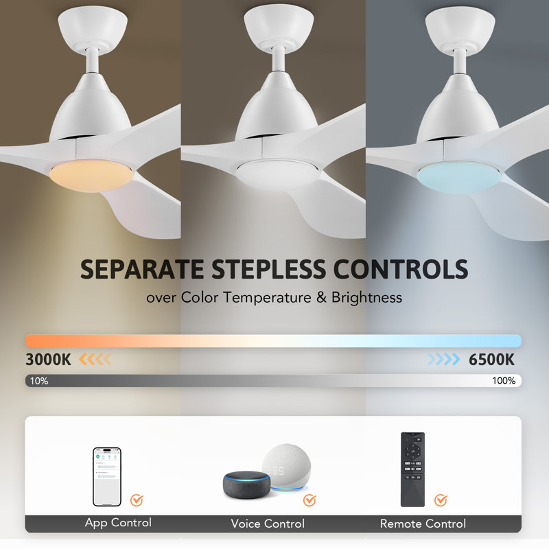 White 52" Modern LED Ceiling Fan with Remote and Wood Blades