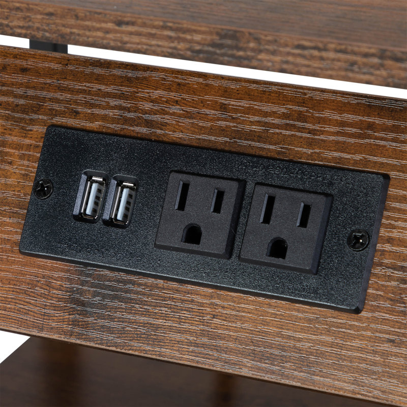 Rustic Brown Metal and Wood Nightstands with Charging Station, Set of 2