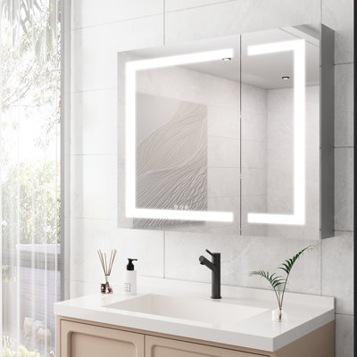 Armoire à pharmacie de salle de bain 36 po x 30 po - Miroir à brouillard, portes doubles, 3000K 6000K lumineux, 4 tiroirs et plus, grande capacité de rangement avec porte de meuble-lavabo