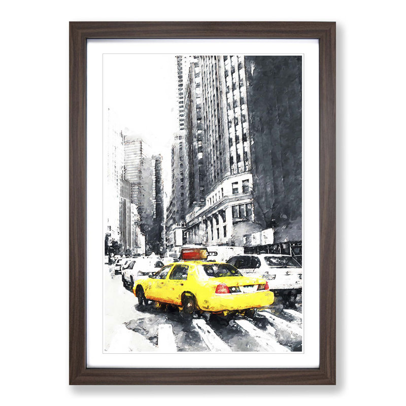 A Yellow Taxi Cab in New York Abstract Art - Picture Frame Graphic Art Print, 87cm H x 62cm W x 2cm D, Walnut Framed