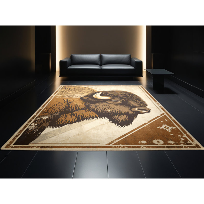 Machine Washable Ozgur Bison Buffalo Rustic Vintage Look Rug in Beige – Beige Binding, 7x10