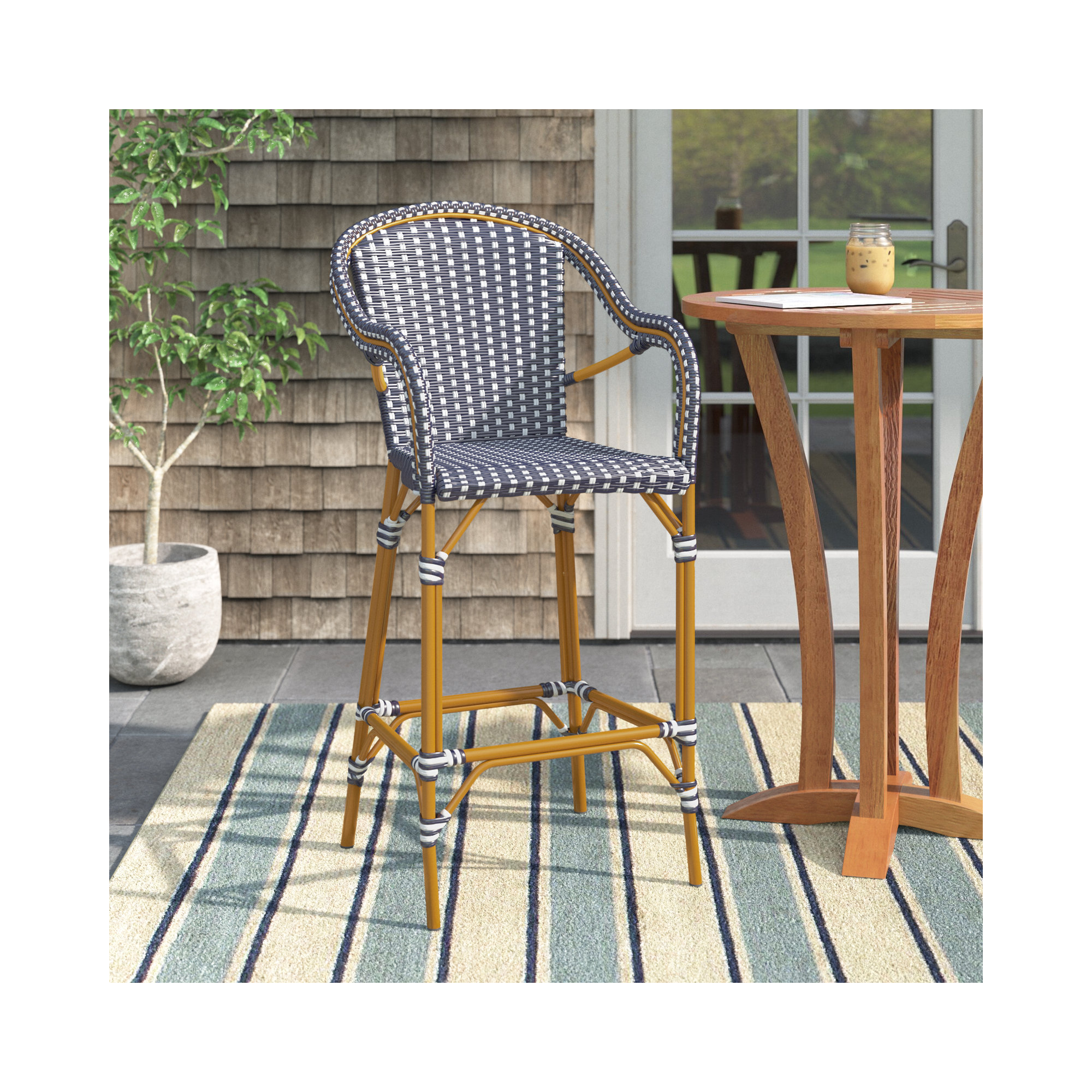 Popplewell 46.5'' Aluminum Outdoor Bar Stool, Navy/White