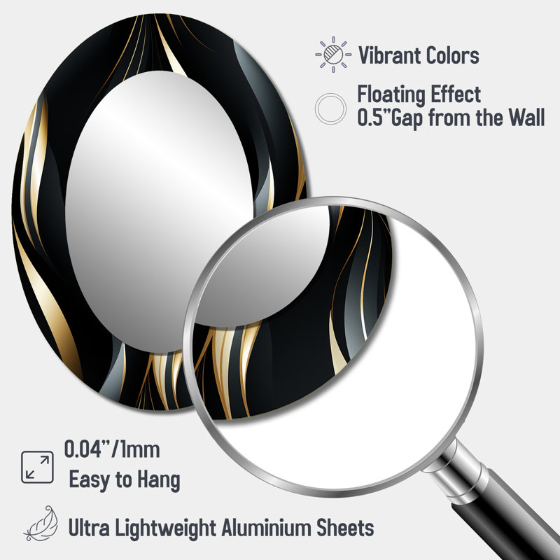 Rileah Deep Black And Gold Elegance - glam  Large Wall Mirror, Black Decorative Mirror, Printed Metal Art, 40" H x 30" W