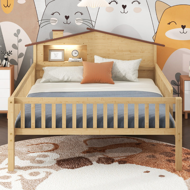 Lit plateforme en bois avec tête de lit en forme de maison, Naturel, Lit double