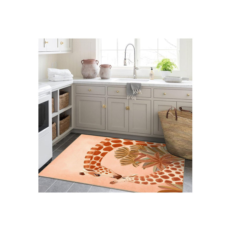 Beige Toned Baby and Mother Giraffe Patterned Woven Base Modern Decorative Rug, Rectangle 4'7" x 6'7" Rug Pad Included