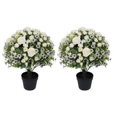 2 Pack 24” Artificial Topiary Ball Trees with Flowers, Faux Shrub Bushes for Indoor & Outdoor Spring Summer Fall Seasonal Decor