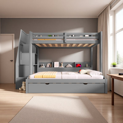 Twin Over Full Bunk Bed With Storage Staircase, Trundle, Storage Shelves, LED And USB
