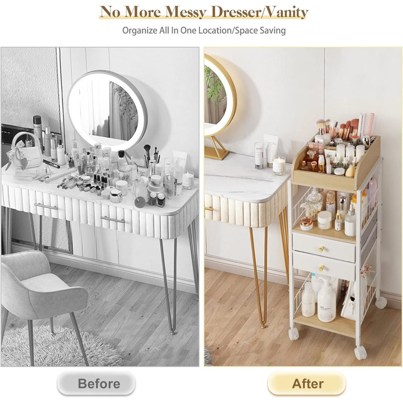 White and Wood Floor Makeup Organizer with Drawers