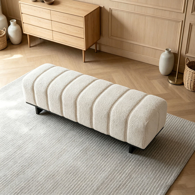 Banc de salle à manger d'intérieur avec pieds en bois d'hévéa, Beige - fausse fourrure