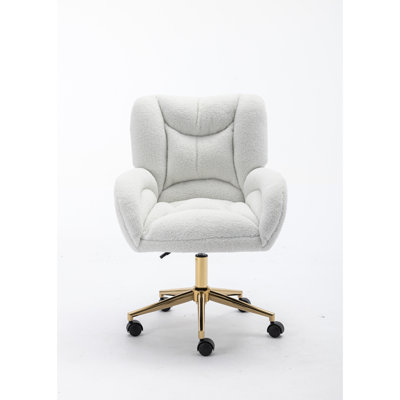 Teddy Fabric 360 Swivel Home Office Chair With Gold Metal Base And Universal Wheels,Ivory