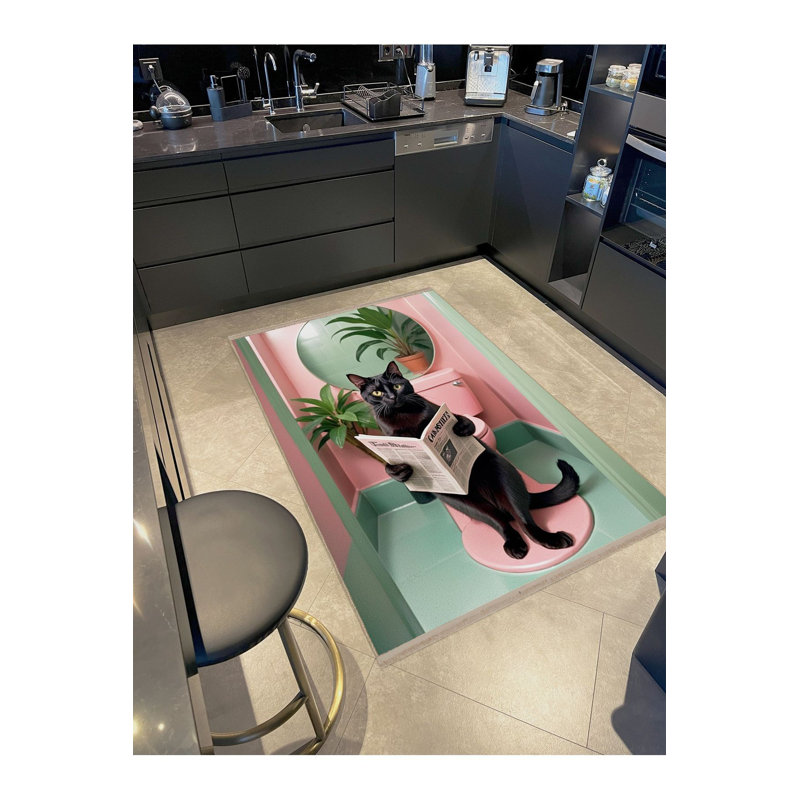 Tapis noir lavable à la machine avec motif de salle de bain, Rectangle 3 pi 11 po x 5 pi 11 po