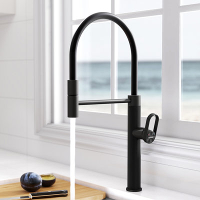 MASO Pull-Out Kitchen Faucet with 360° Swivel Modern Black Rubber Neck, Single Handle Single Hole Sink Faucet, 304 Stainless Steel, 2 Spray Modes, Matte Black