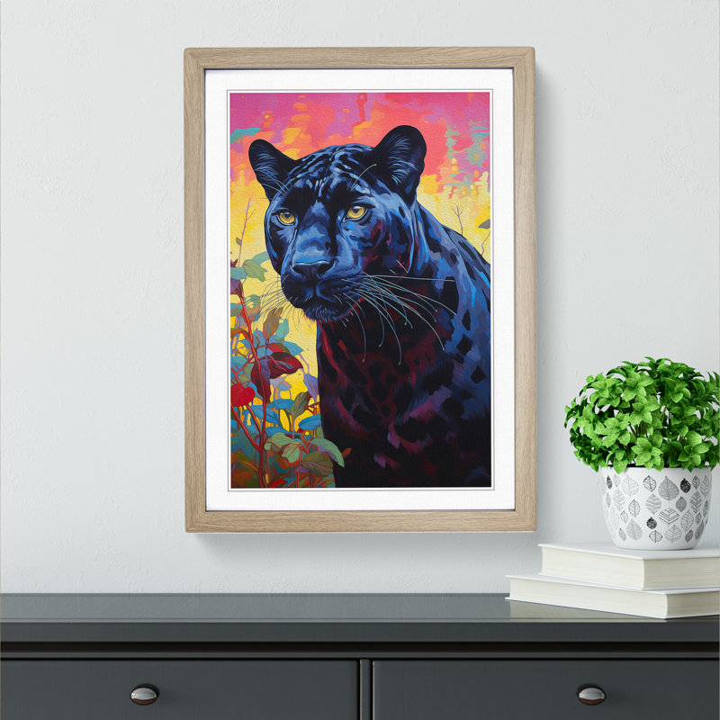Panther Colour Field No.2 - Single Picture Frame Print on Wood, Oak Framed, 64cm H x 46cm W x 2" D