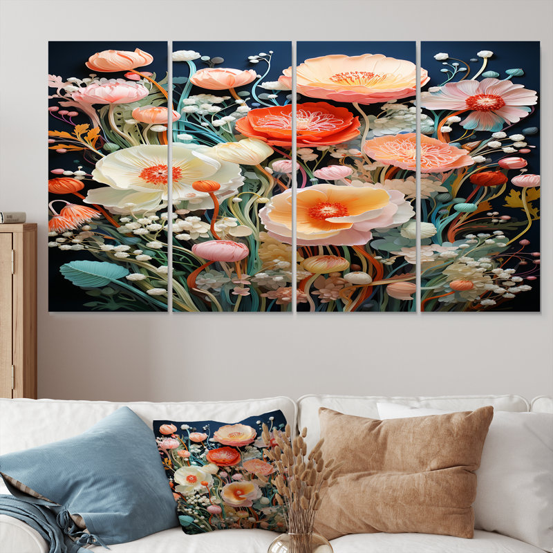 «Blossoming White Spring Flowers - Wildflowers», ensemble de 4 décorations murales, H 28 po x l 48 po