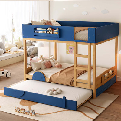 Full Bunk Bed With Trundle , Wood Bunk Bed Frame With Built-In Bookshelf And High-Quality Safety Guardrail,Automobile Form Design For Kids ,White& Beige.