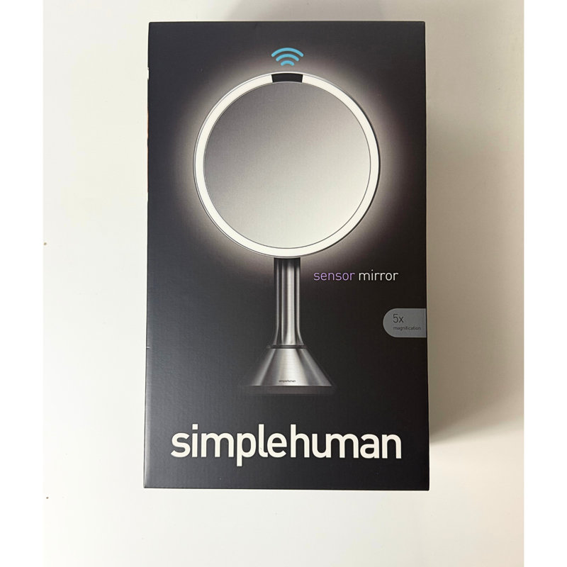 simplehuman 8" Round Sensor Makeup Mirror with Touch-Control Brightness, 5X Magnification, Cordless, Brushed