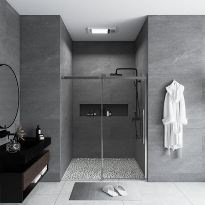 Porte de douche coulissante simple sans cadre l 60 po x H 72 po | Installation réversible | Verre trempé transparent de 1/4 po d'épaisseur | Équipé d'un système de rails à roulement en zinc, poignée en acier inoxydable | Chrome