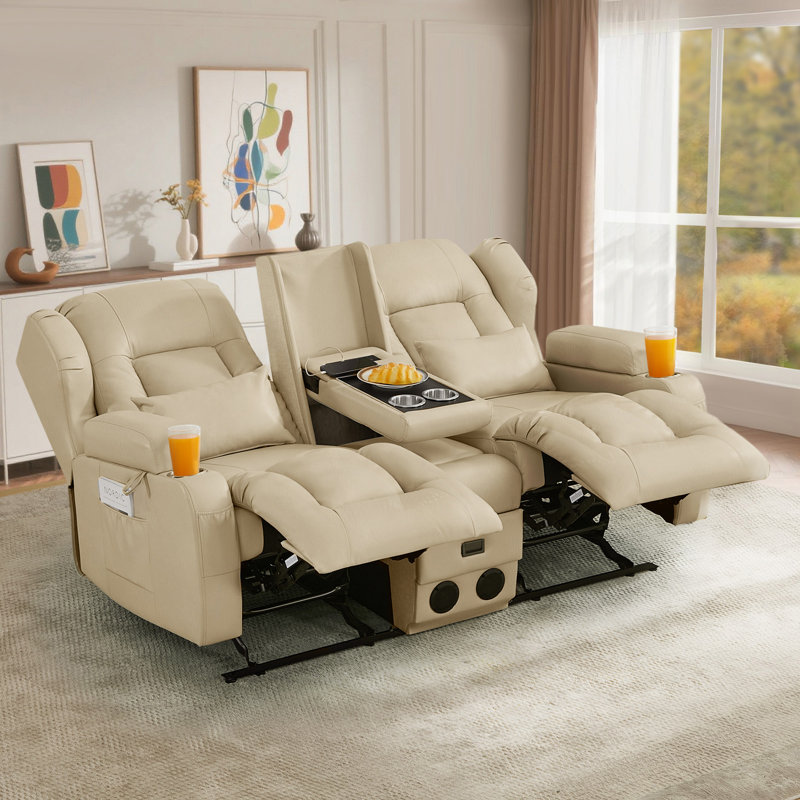 3-Seater Reclining Sofa With Flip-Down Console, Cup Holders, Charging Ports, Storage Drawer & Bluetooth Speakers, Beige