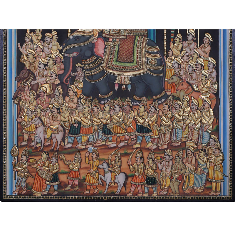 Grande peinture encadrée de 60 po Tanjore 60 po - Procession du Raja avec feuille d'or 24 carats - Art mural indien traditionnel pour le salon et l'entrée
