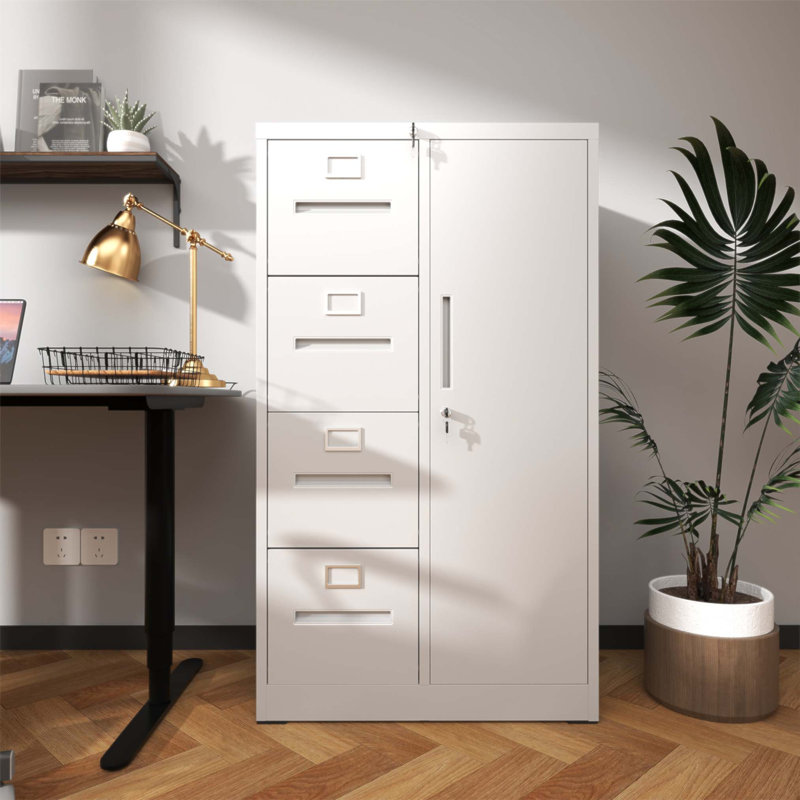 Metal Storage Vertical Filing Cabinet with Lock, Steel File Locker with 4 Drawers and 1 door for School, Living Room, Bedroom, Office (White)