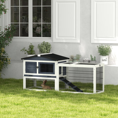 Cage à lapins d'extérieur à 2 niveaux avec plateau ouvert PawHut, grande cage à lapins en bois 59 po avec toit imperméable, plateau amovible, rampe