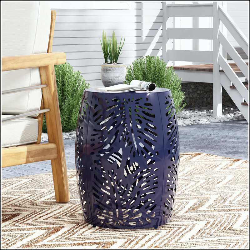 Table de bout d'extérieur en métal - grande avec motif de feuille de palmier tropical, Navy Blue