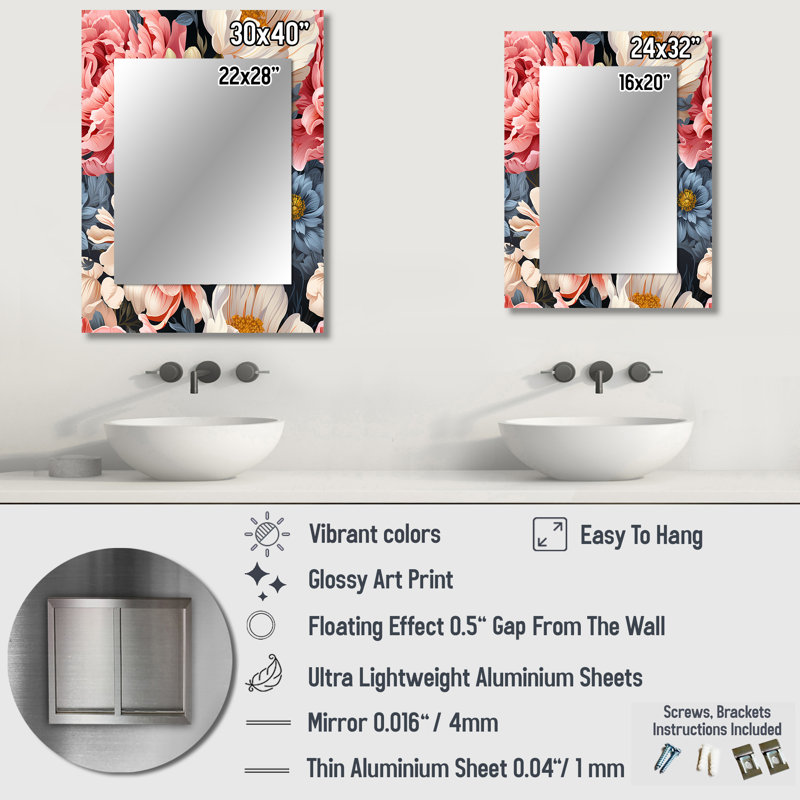 Motif floral français français - miroir floral, miroir mural décoratif floral, impression d'art en métal, 32 po x 24 po