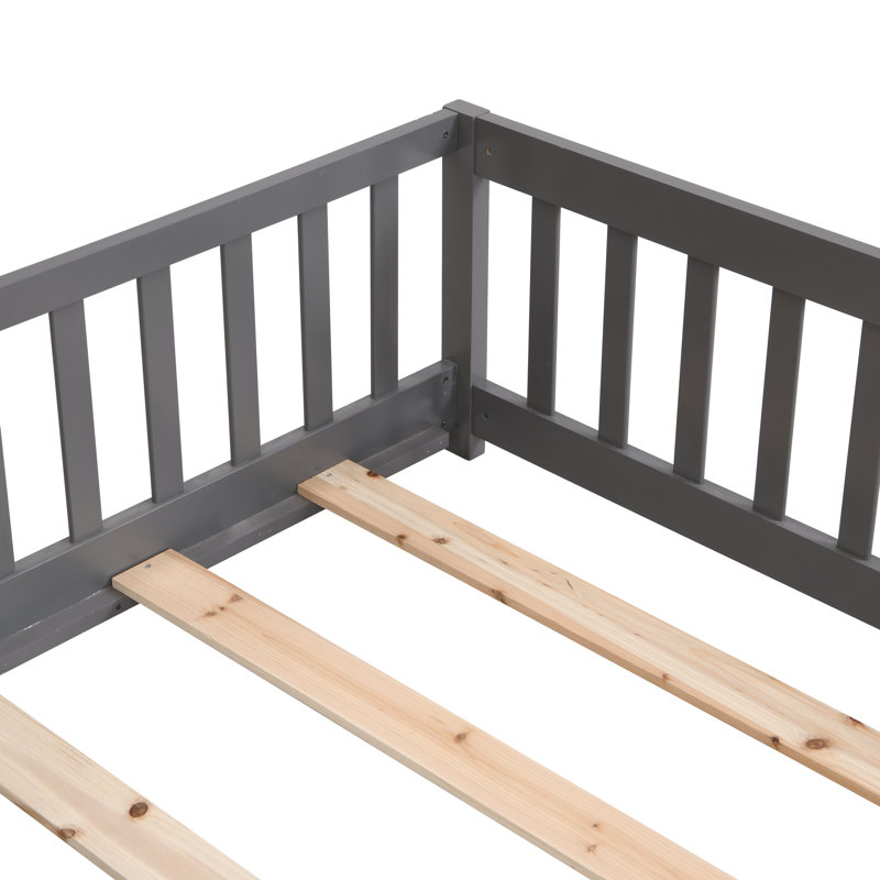 Full Size Floor Bed With Door,Solid Wood Platform Bed Frame With Fence,Suitable For Children,Pine Wood,Gray, Full, Dark Gray