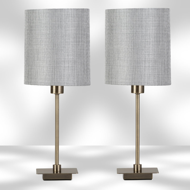 Pair (2x) Square Stick Antique Brass Metal Bedside Table Lamp , Light Grey