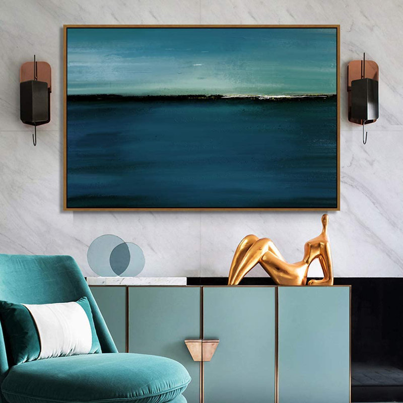 «Minimal Landscape IDEA4WALL», reproduction d'art sur toile encadrée, bleu sarcelle, coups de toile abstraits, impression sur toile, impression sur toile