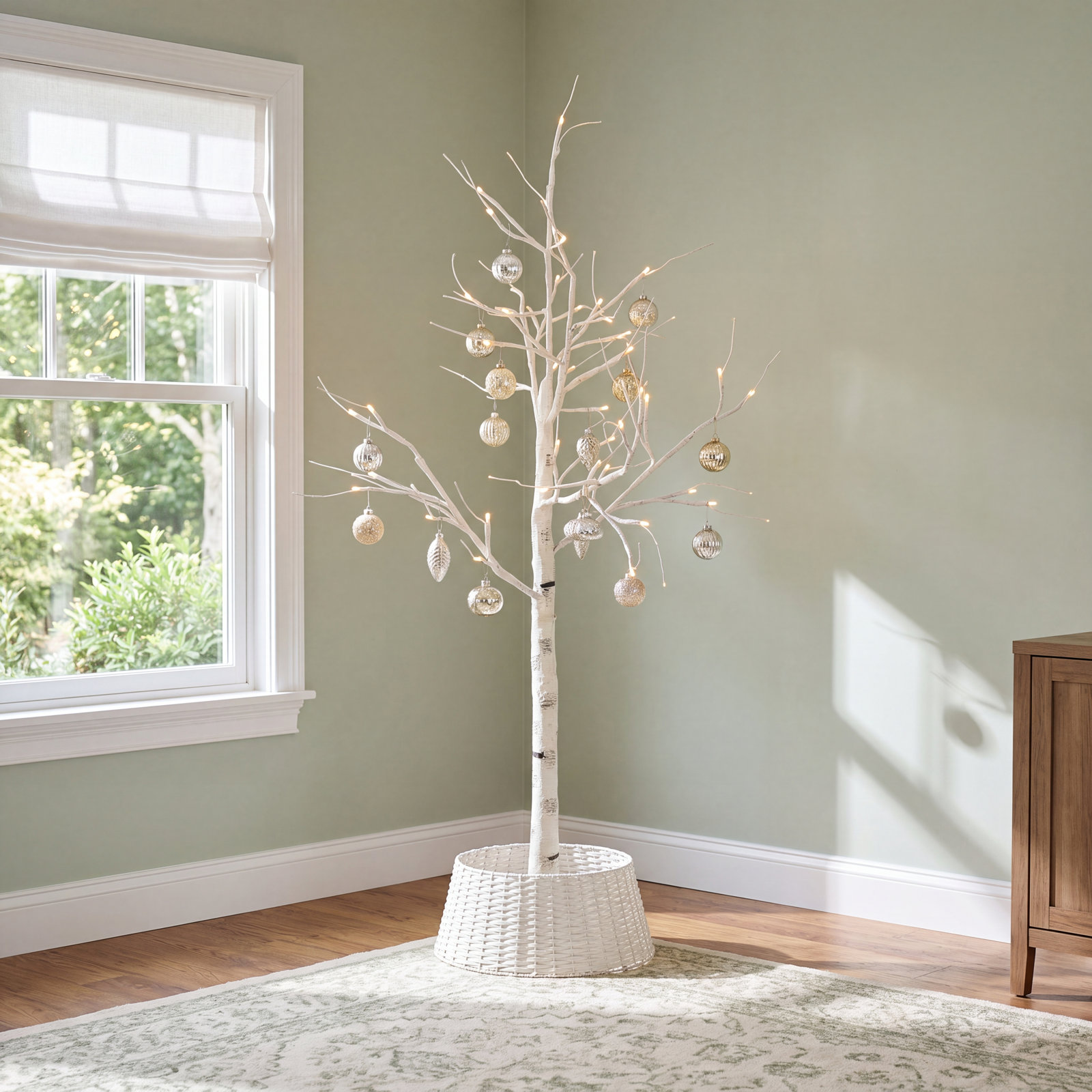 Indoor and Outdoor LED Birch Tree on Metal Base, Beige, 47" H x 7"W x 7" D