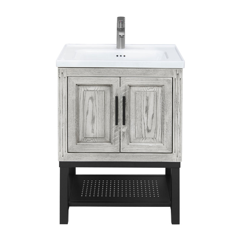 Meuble-lavabo de 24 po avec robinet à un trou, 2 portes de rangement et poignées en métal noir pour utilisation moderne, lavabo en céramique lisse