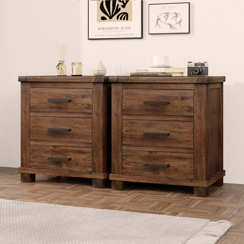 Rustic Three Drawer Reclaimed Solid Wood Farmhouse Nightstand Set Of Two, 2