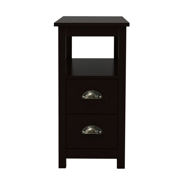 Table de chevet étroite brune avec deux tiroirs et une tablette. Rangement supplémentaire, E1 et pin massif, plateau de table de finition, tablettes ouvertes à installation rapide. Vaste espace de rangement, construction en pin E1, table enduite, simple