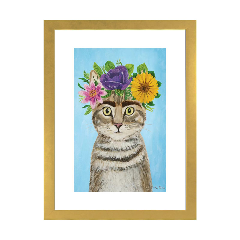 « Frida Kahlo Cat Blue » par coco de Paris-impression, H 24 po x l 16 po x P 1 po, Papier encadré doré, Blanc