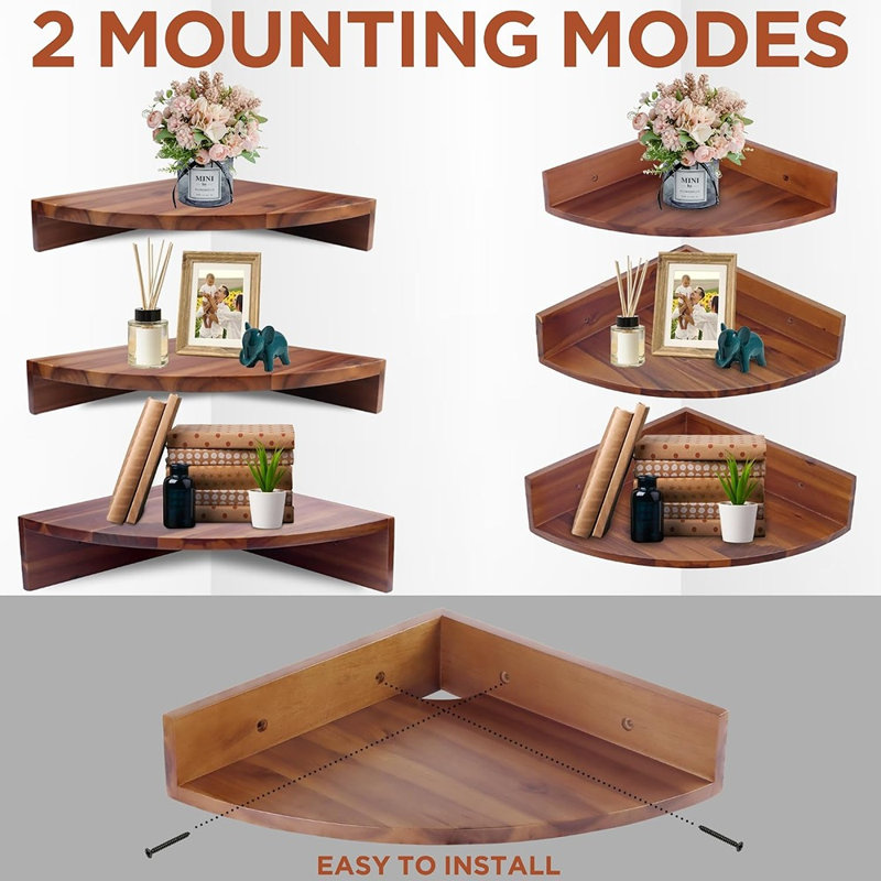 Ensemble de 3 tablettes de coin flottantes en bois d'acacia massif - brun